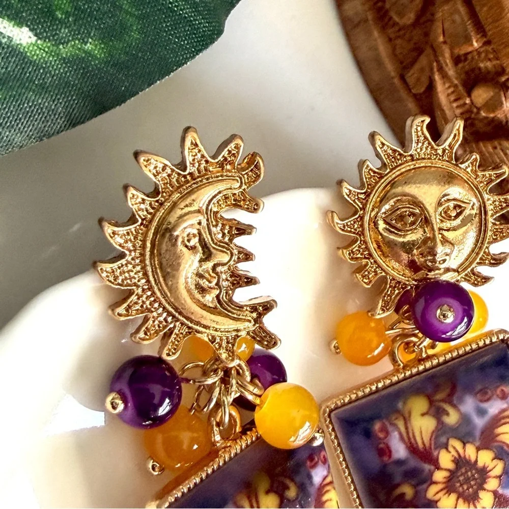 Celestial Sun Moon Earrings Vintage Style Tile 90’s Vibe Ornate Beaded Purple
